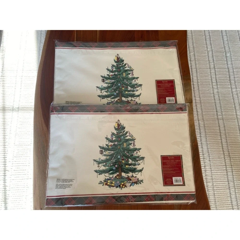 Spode Christmas Tree Tartan Plaid Trim Set Of 8 Placemats NWT 13 X 19